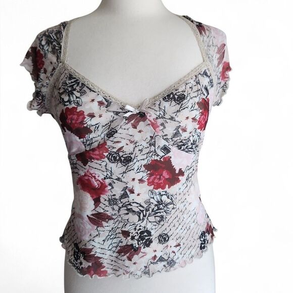 Almost Famous Y2K Lace Cami Babydoll Top Fairy Sheer Lined Floral Cap Sleeve Top - Picture 3 of 7